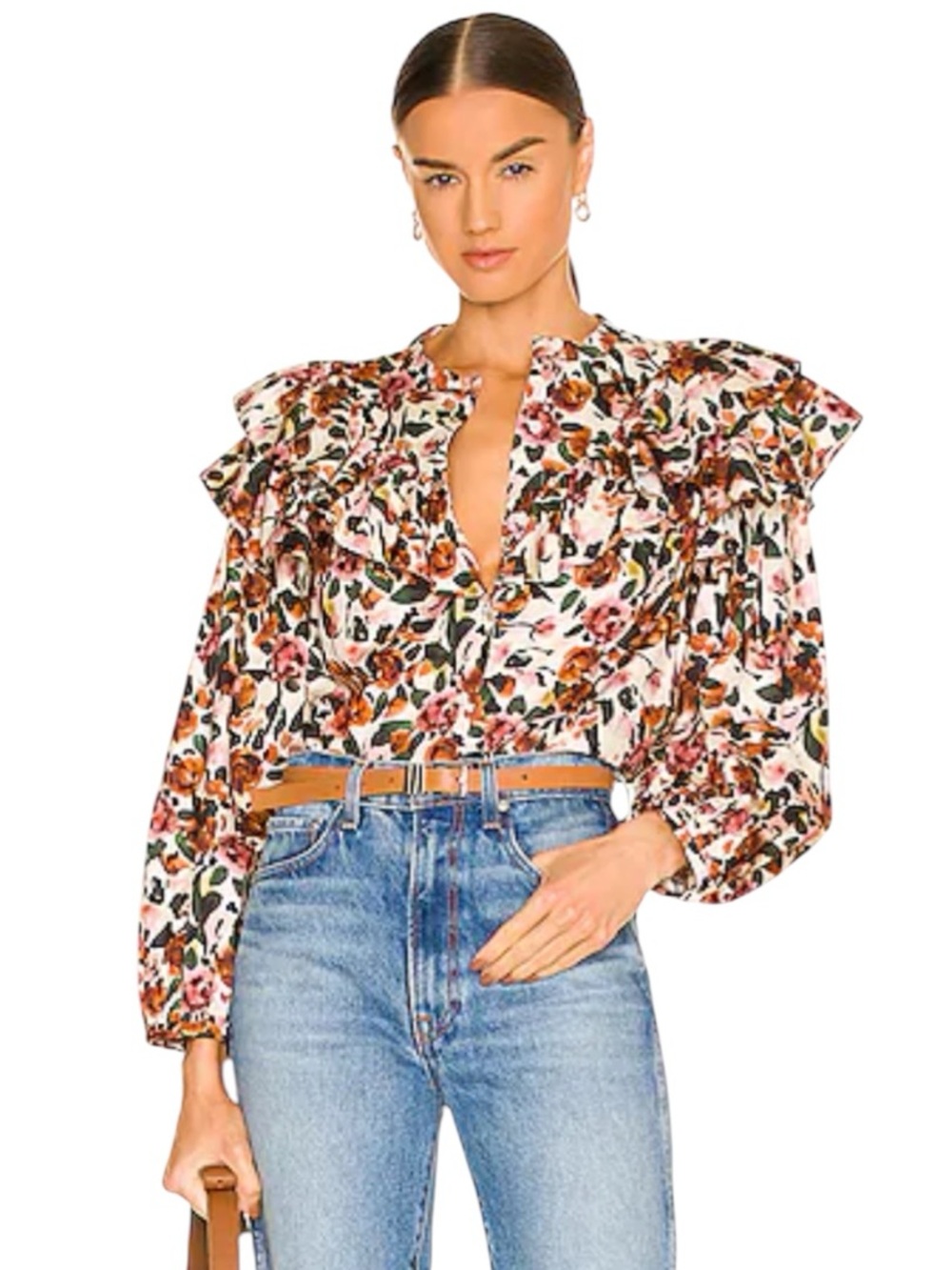 NWT Something Navy Floral Ruffle Button Front Blouse Small Balloon Sleeve Cotton